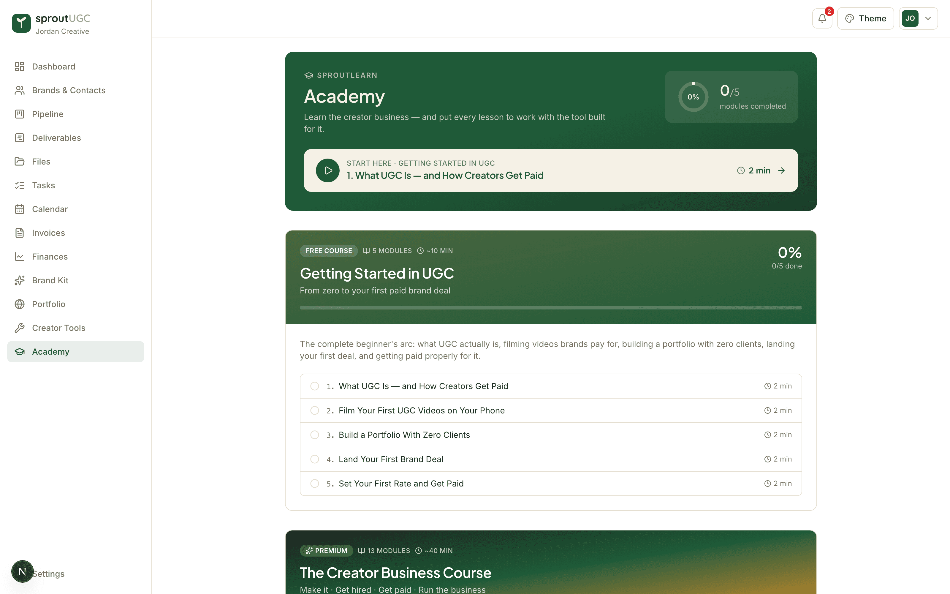 The sproutUGC Academy: free and premium courses with progress tracking