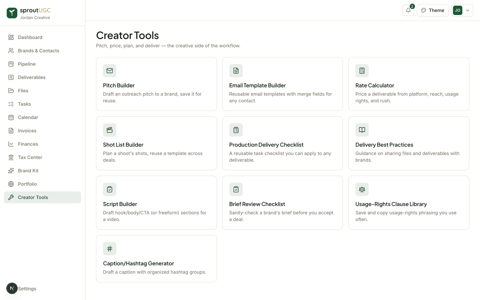 The sproutUGC Creator Tools hub: pitch builder, rate calculator, shot lists, scripts, and more