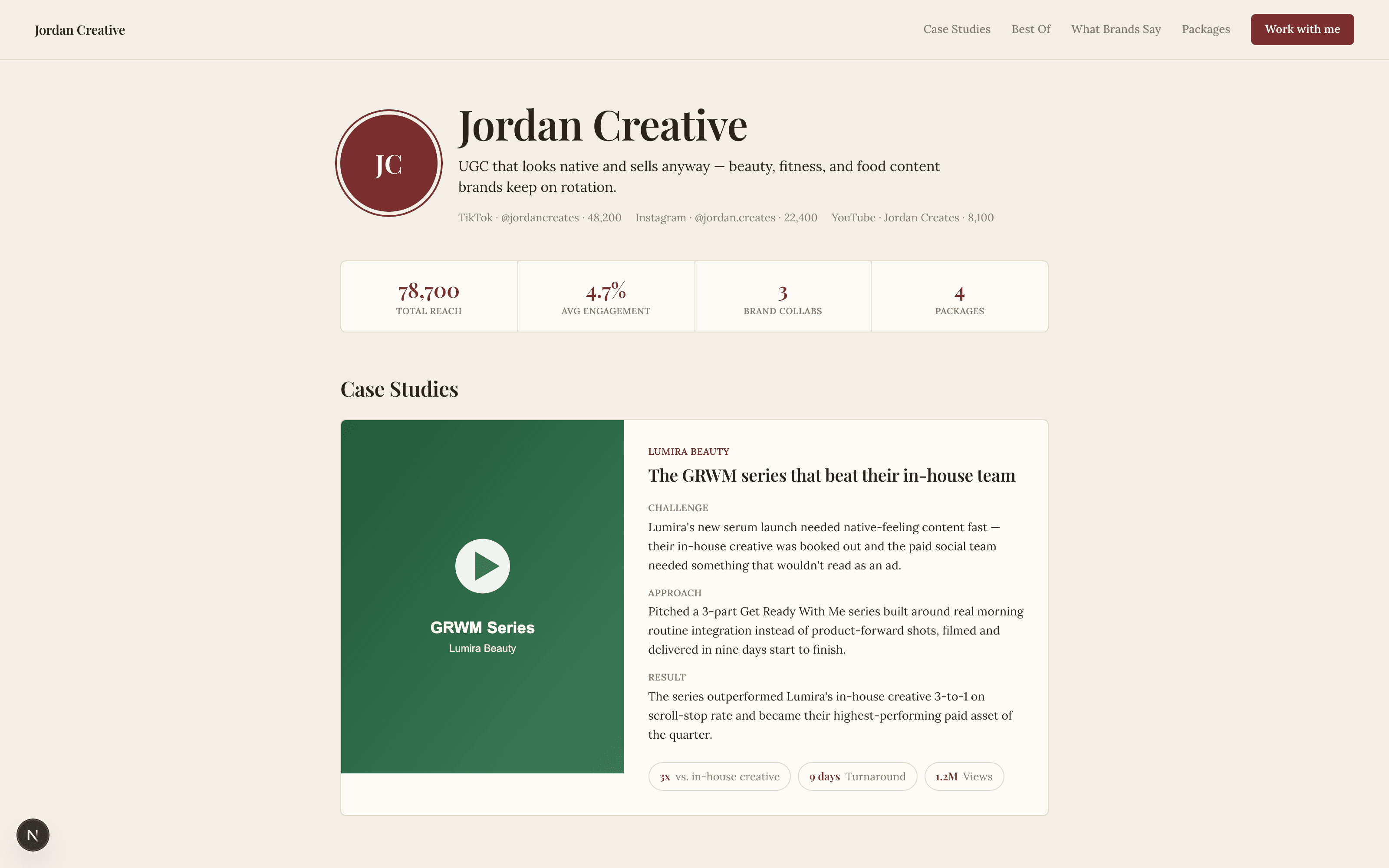 A published sproutUGC portfolio page with a case study, reach stats, and a Best Of gallery